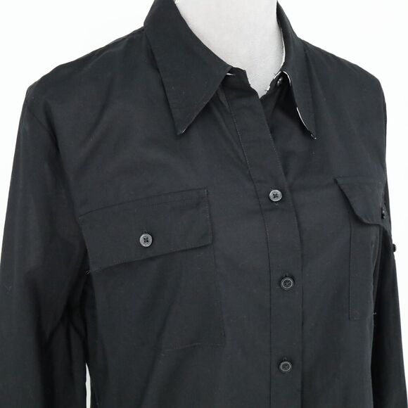 Jones NY Top Womens Large Black Cotton Shirt Semi Sheer Pockets Blouse Preppy - Picture 11 of 16